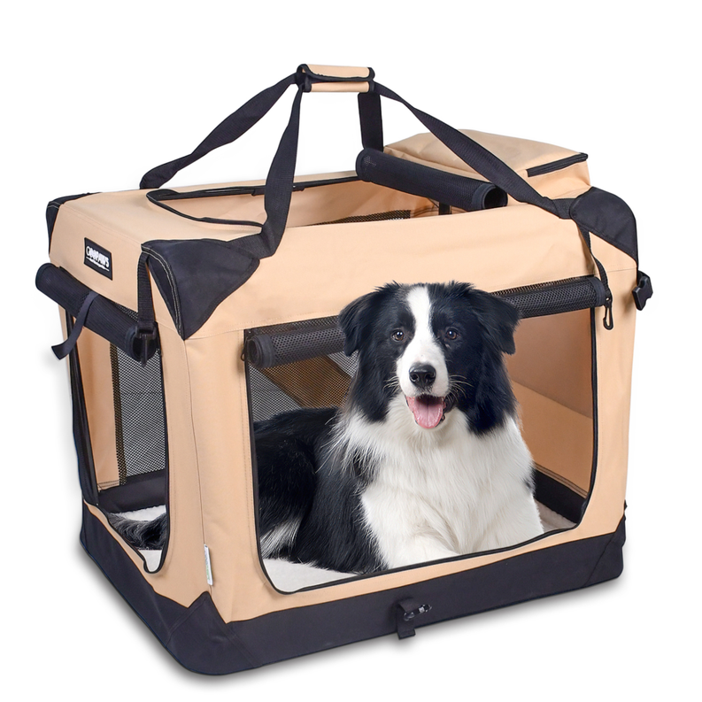 JESPET Soft Pet Crates 3 Door Soft Sided Folding Pet Carrier, Beige, 30"L