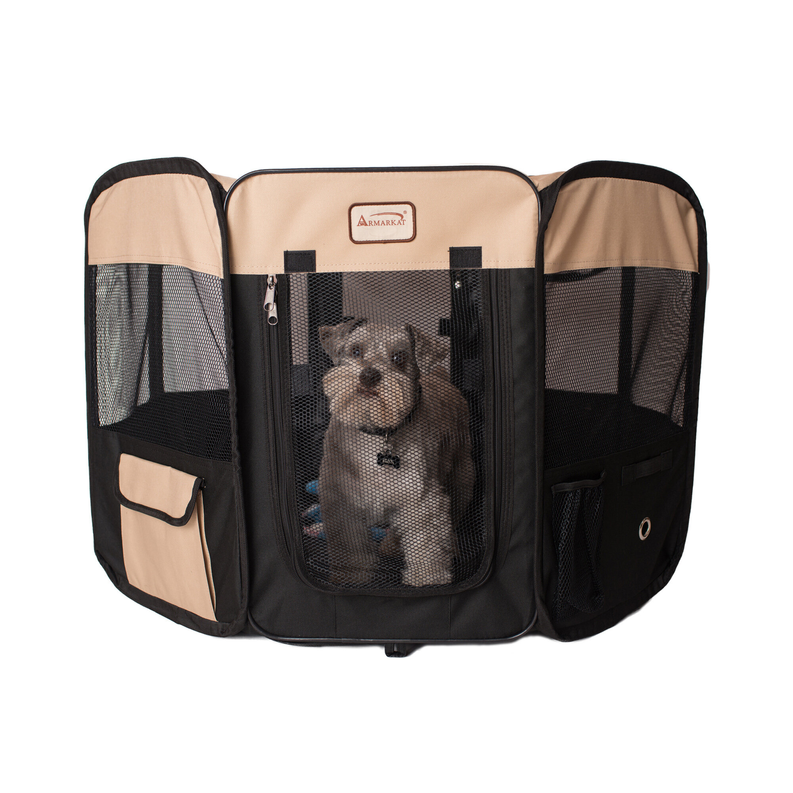Armarkat Portable Pet Playpen – Medium Dog and Cat Pen, Black & Beige