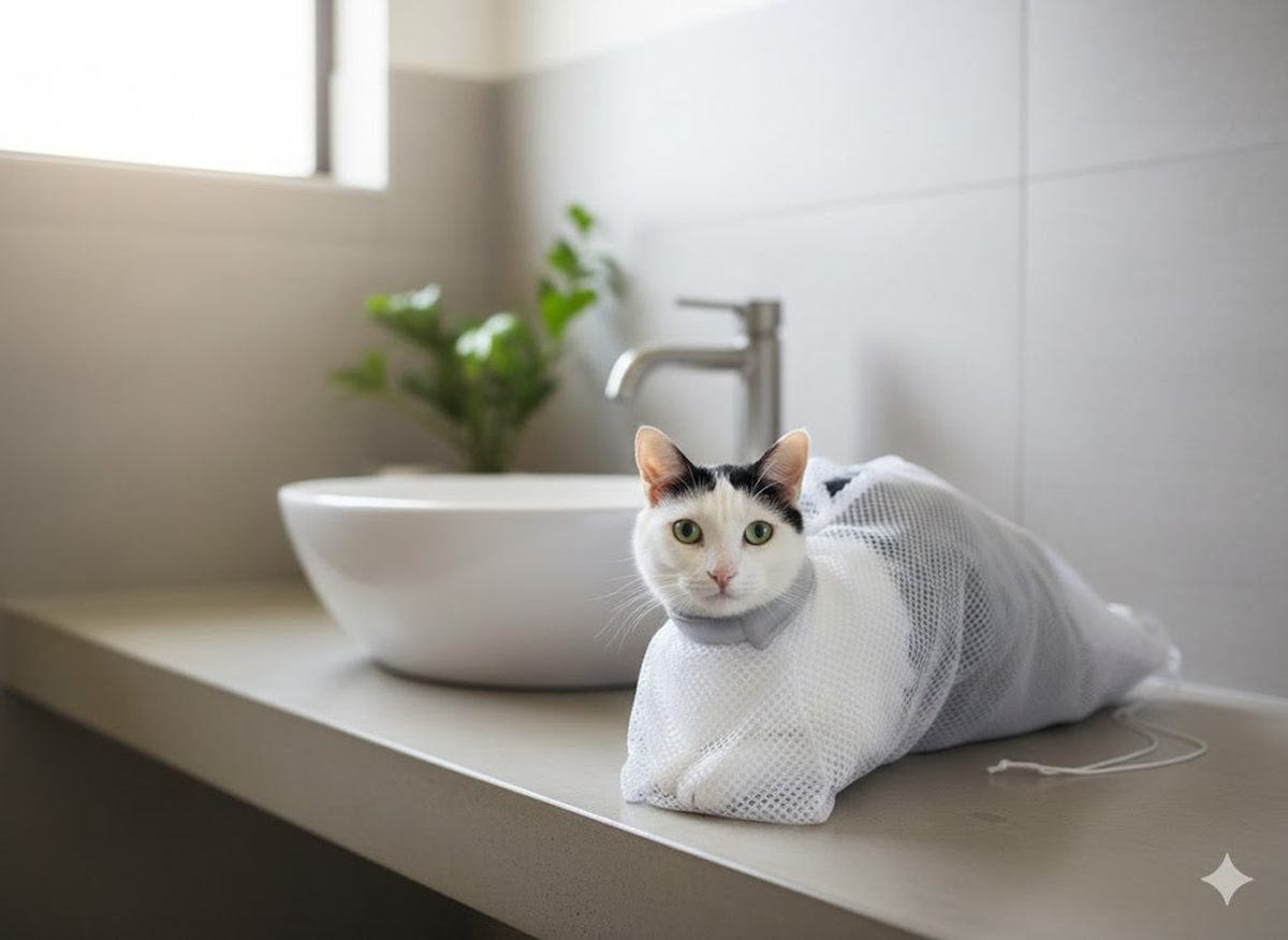 Mesh Cat Bath Sack, Small, White