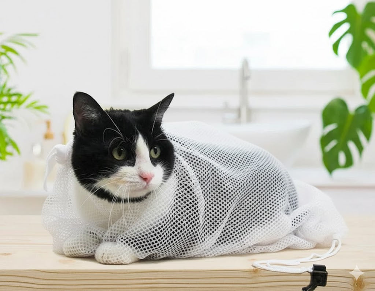 Mesh Cat Bath Sack, Set S & L, White
