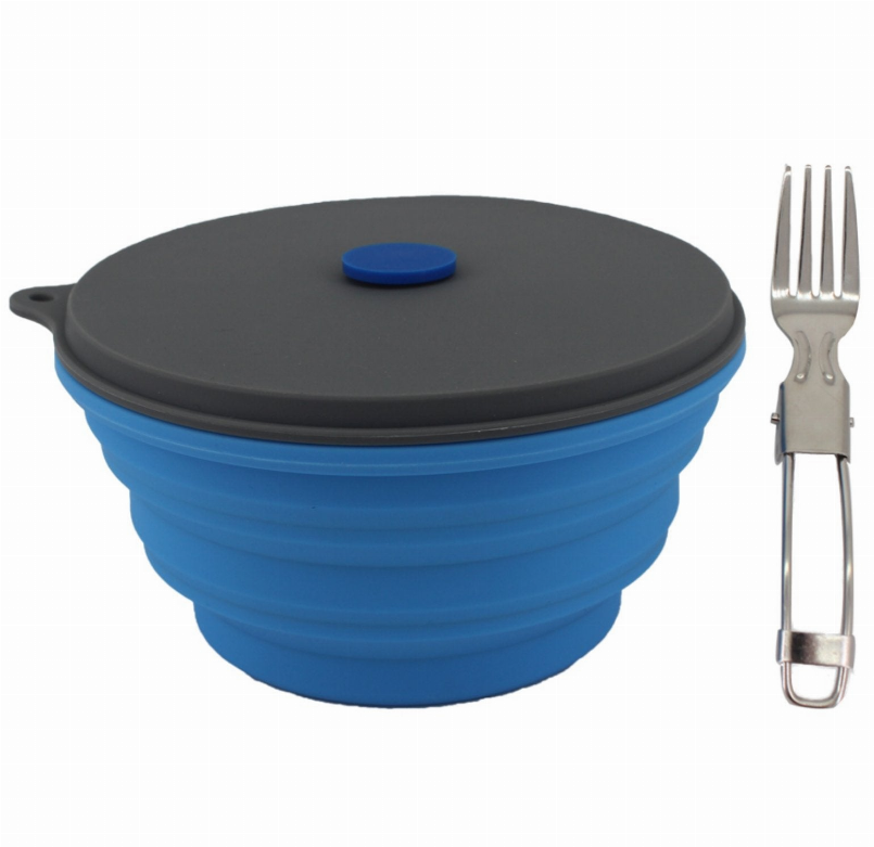 Mr. Peanut's Collapsible Silicone Camping Bowl with Lid & Foldable Fork, 30oz
