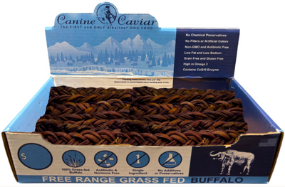Canine Caviar Buffalo Treats Stix Braided 6" box, 50 pcs