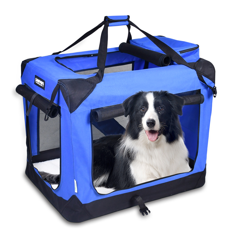 JESPET Soft Pet Crates 3 Door Soft Sided Folding Pet Carrier, Blue, 30"L
