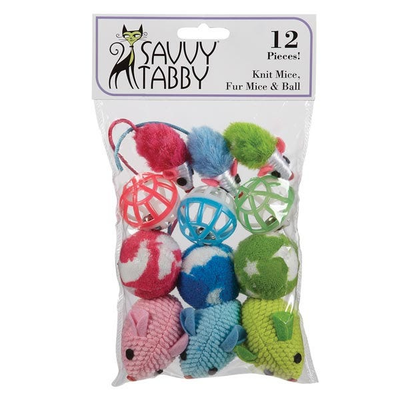 Pet Edge Knit and Fur Mice with Balls Cat Toys - 12 Pack Assortment