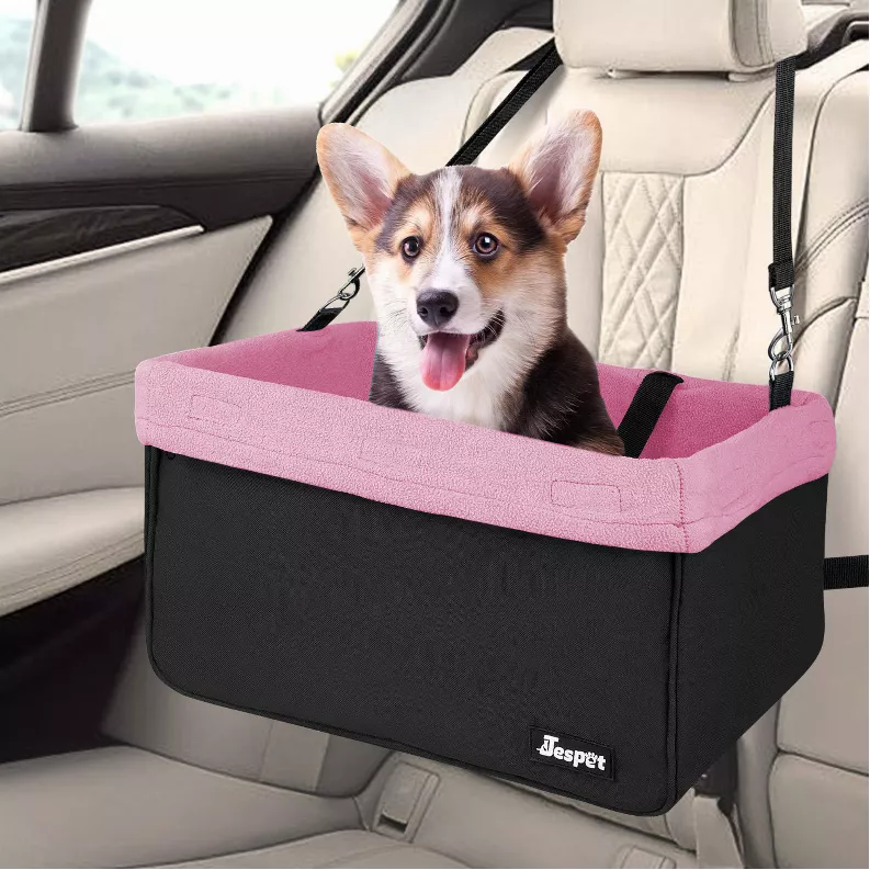 Jespet Portable Dog Car Booster Seat with Fleece Liner, Pink, 16"