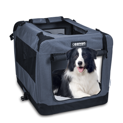 Jespet Soft Sided Folding Pet Crate | 3-Door Collapsible Carrier, Grey, 26"