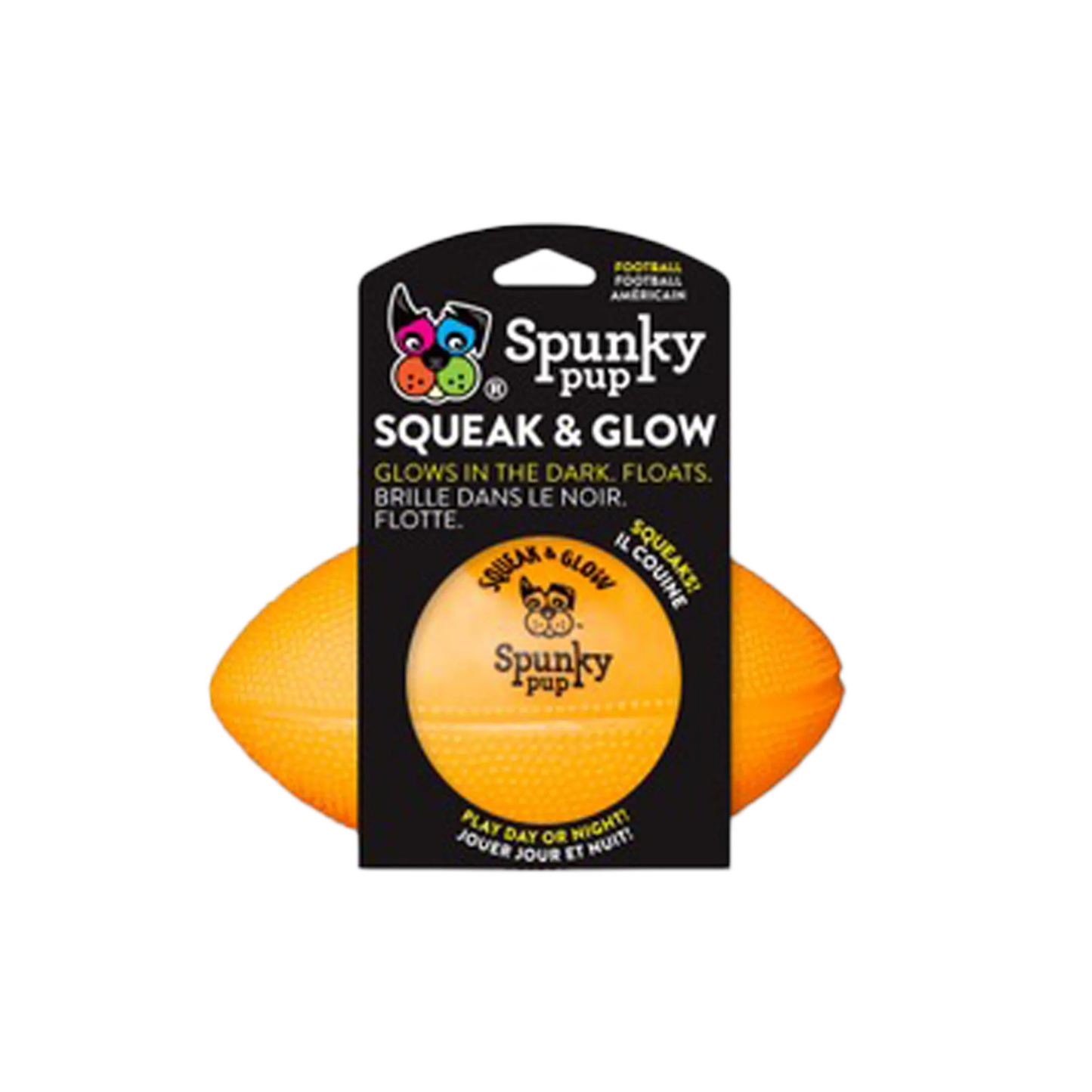 Spunky Pup Squeak & Glow Football – Glow in the Dark Squeaky Dog Toy