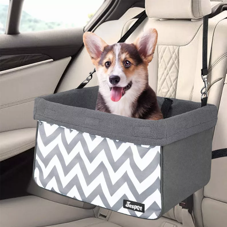 Jespet Dog Car Seat Booster - Portable Pet Carrier, Gray Stripe, 16"