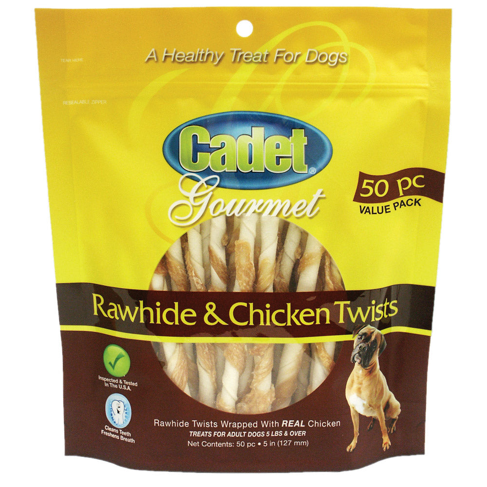 Cadet Rawhide and Chicken Twists Dog Treats - Dental Chews, 50 Pack