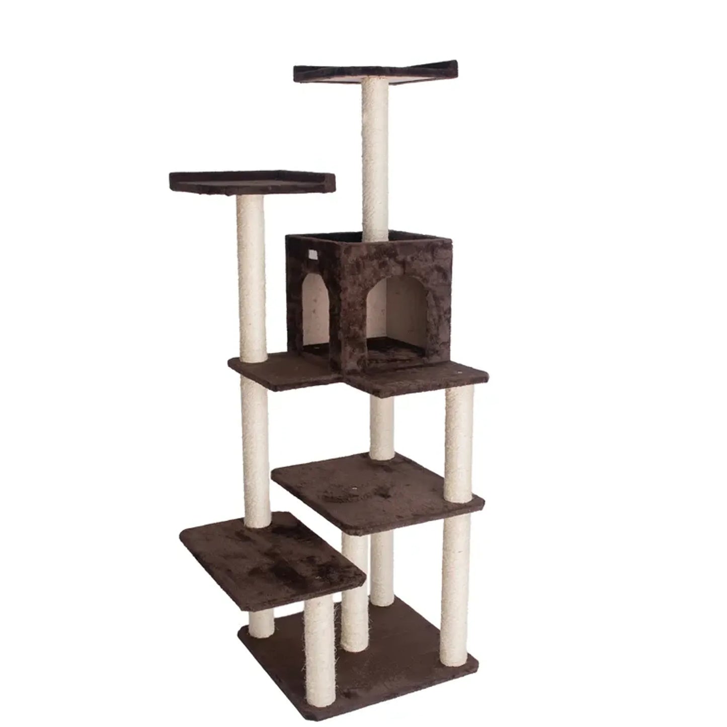 GleePet 66-Inch Cat Tree – 4-Level Faux Fur Tower with Playhouse, Brown