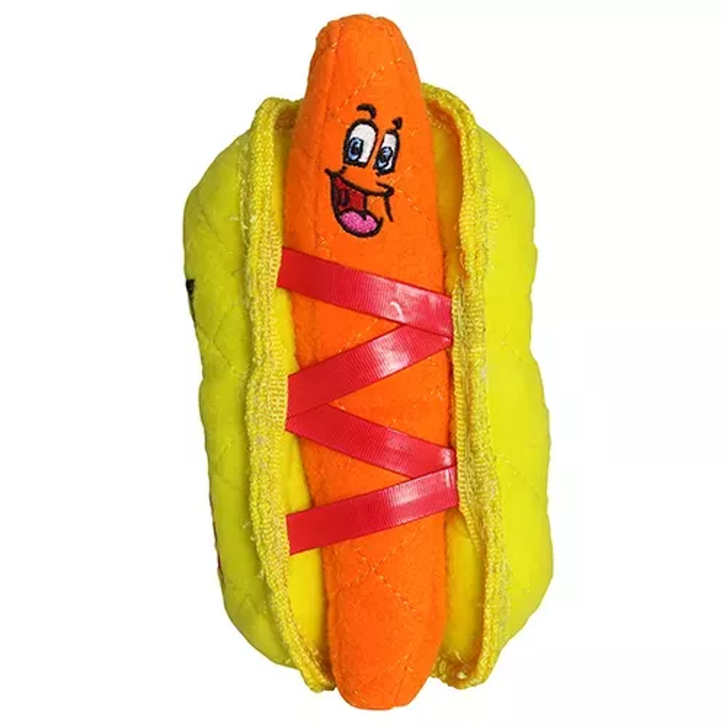 Tuffy Funny Food HotDog Durable Interactive Dog Toy – Yellow & Orange