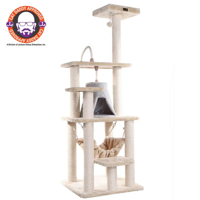 Armarkat 65" Real Wood Cat Tree – Beige Faux Fur Condo with Hammock