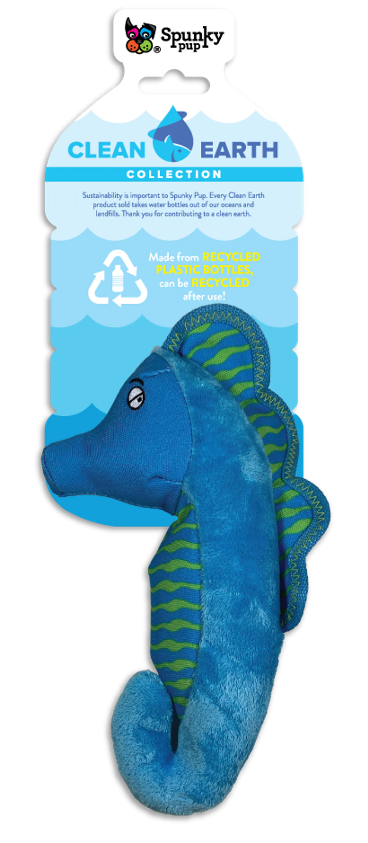 Spunky Pup Clean Earth Seahorse Dog Toy – Recycled Plush Squeaker, Small