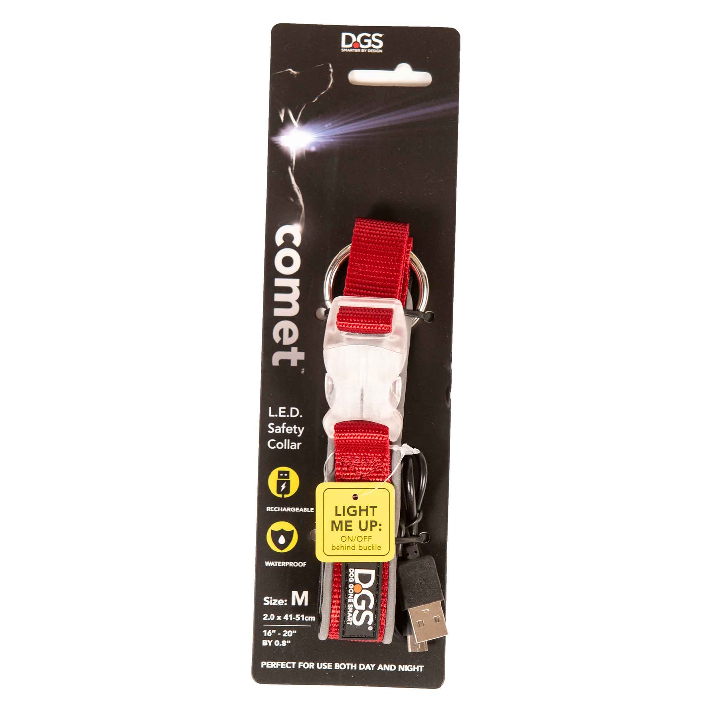 DGS Comet LED Light Up Dog Collar – Rechargeable Nylon – Red, Medium