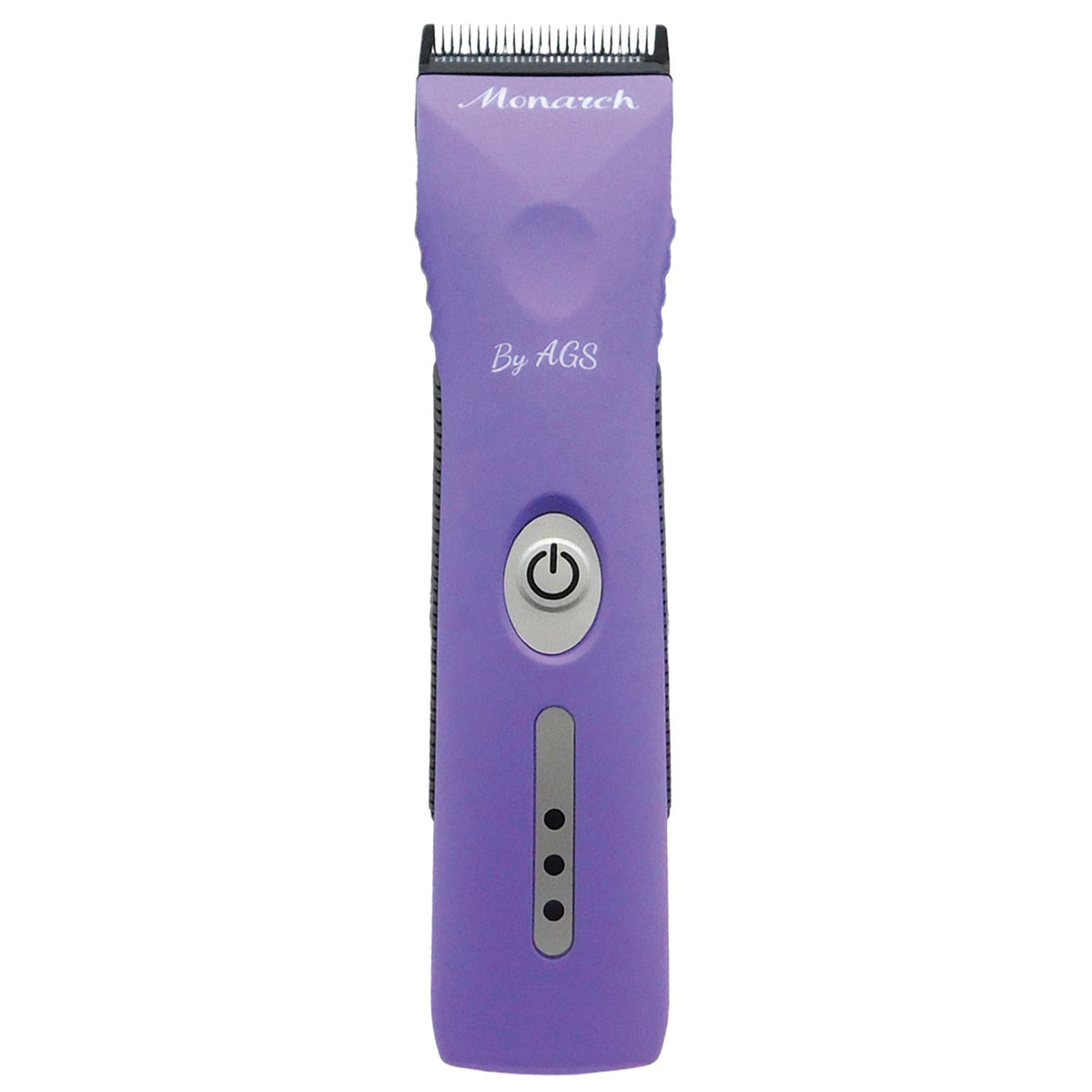 Violet AGS Monarch cordless clipper with power button and battery indicator lights.
