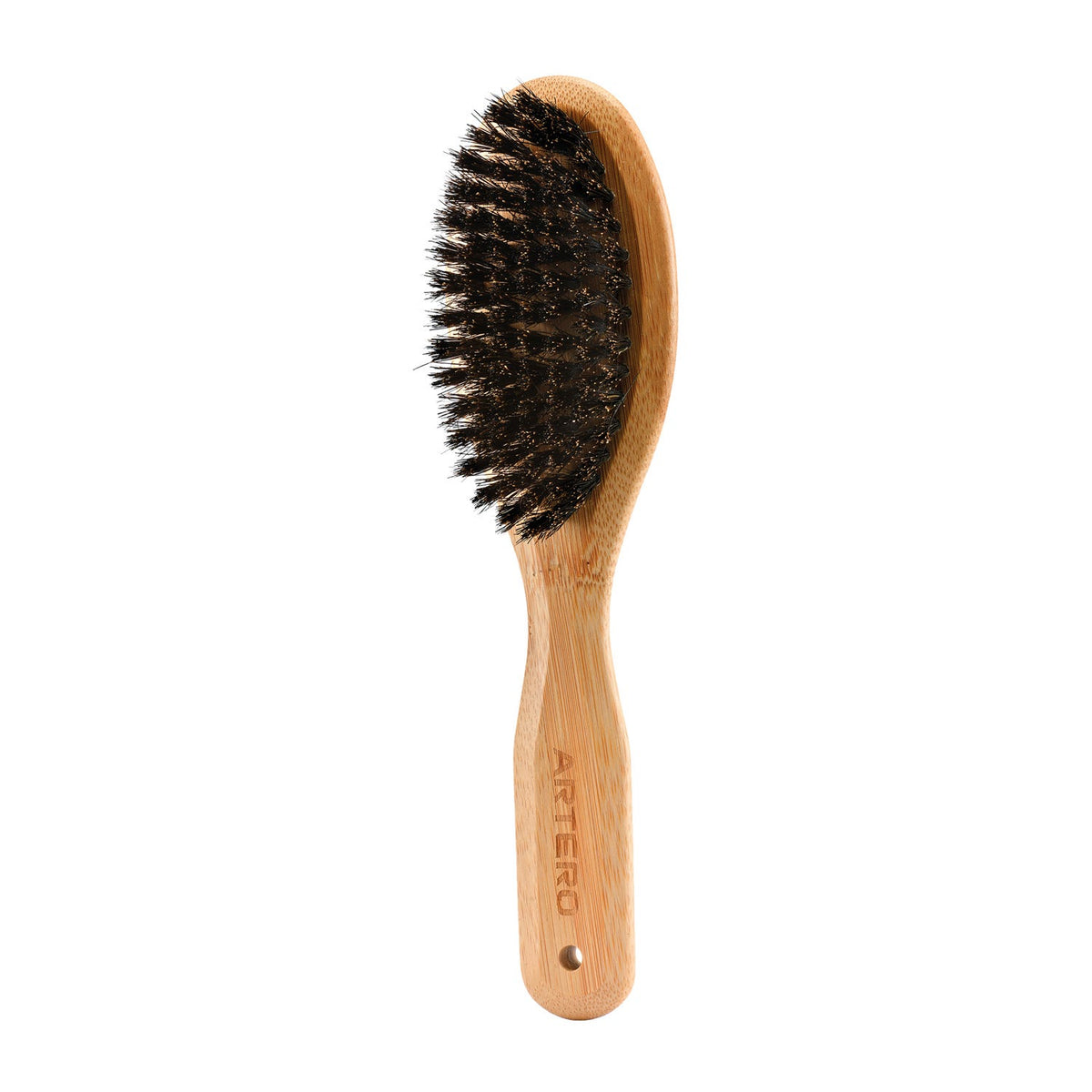 Bamboo-handled brush with wild boar bristles, ideal for sensitive skin and coat polishing.
