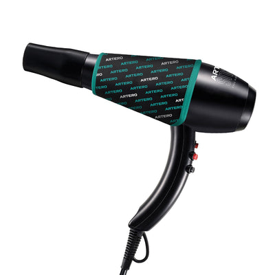 Black Artero dryer with teal band featuring repeating "ARTERO" logo, attached to a curved handle with red buttons.