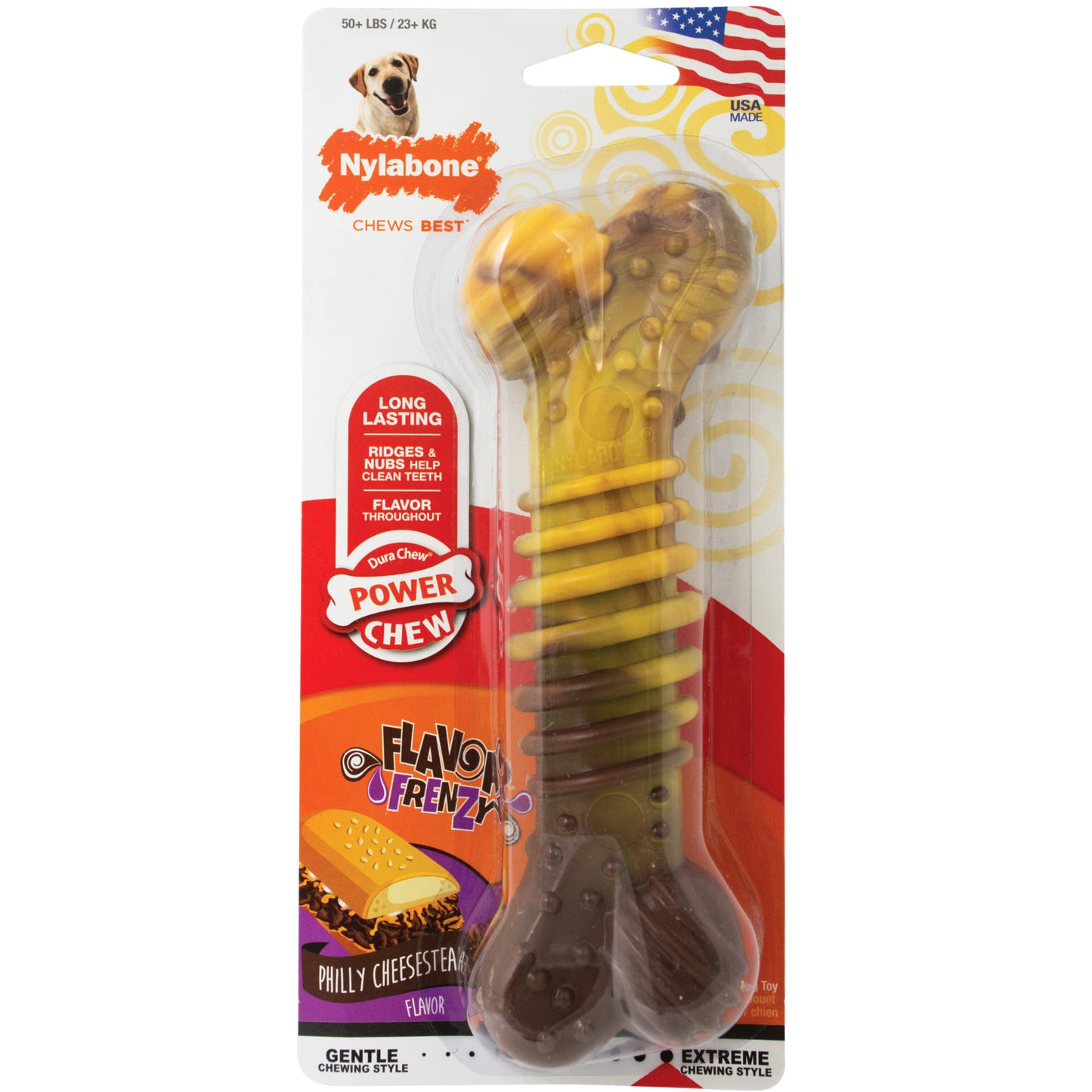 Nylabone Power Chew Dog Toy – Cheesesteak Flavor Nylon Bone for Large Dogs