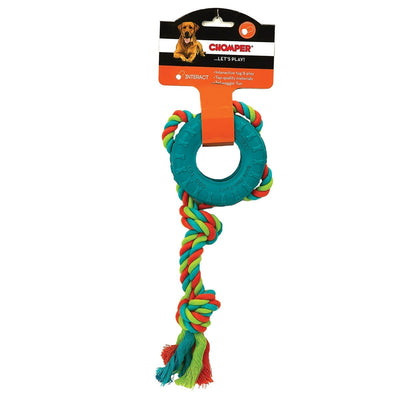 Chomper Tredz Rope Rubber Tire Tug dog toy with multi-colored rope.