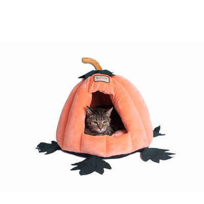 Armarkat Pumpkin Cat Bed – Orange Velvet Washable Pet Bed for Small Dogs