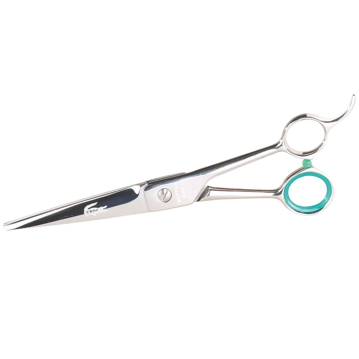 GE Crocodile Straight Shear 7.5 inch grooming scissors with teal finger inserts.