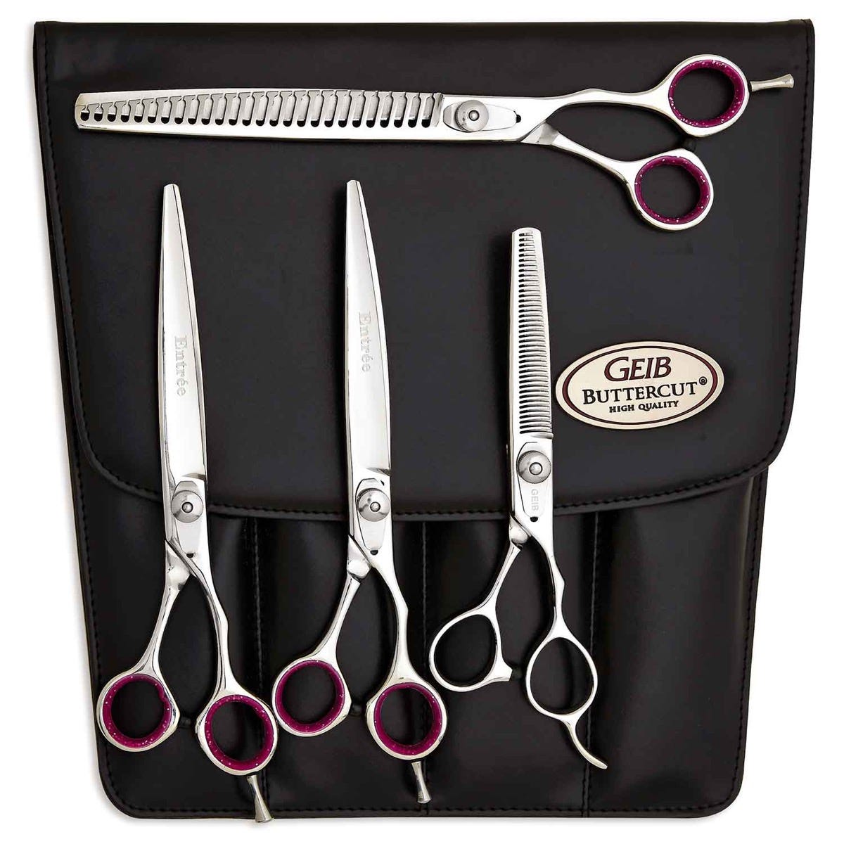 Geib Entree 8.5-inch 4-piece shear kit in a black leather case.