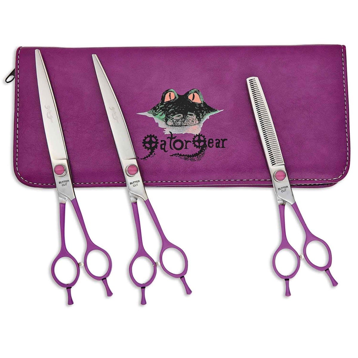 GE Gator Gear 8-inch 3-piece shear kit with purple handles and a purple case featuring a gator logo.