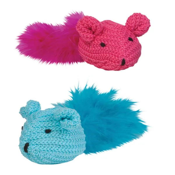 Pet Edge KB Knit Mouse Cat Toys with Feathers - 2 Pack Mouse Toy