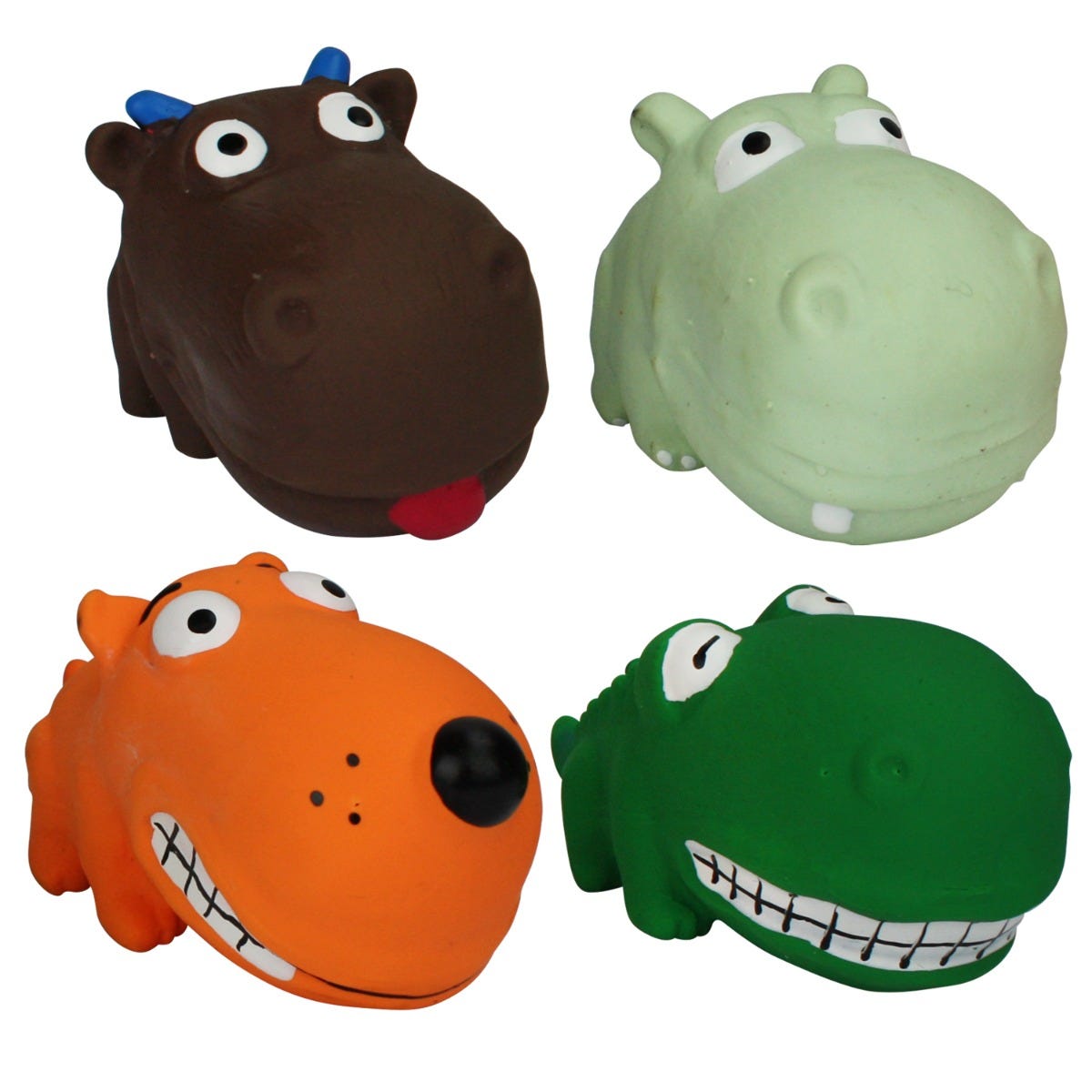 Four squeaky latex animal dog toys: brown hippo, green hippo, orange dog, and green alligator.