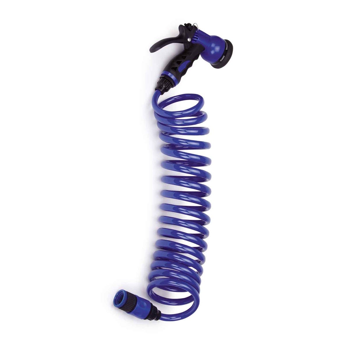 Blue 120-inch coil spray hose with a 6-in-1 spray head and quick-connect fitting.