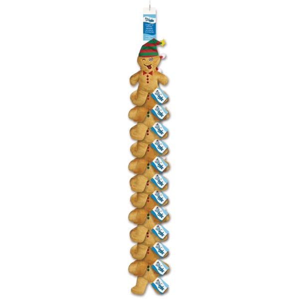 Gingerbread man dog toys on a retail display strip, 12 pieces.