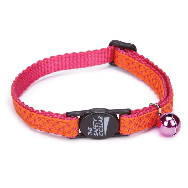 Pink and orange polka dot cat collar with a silver bell and black breakaway buckle.