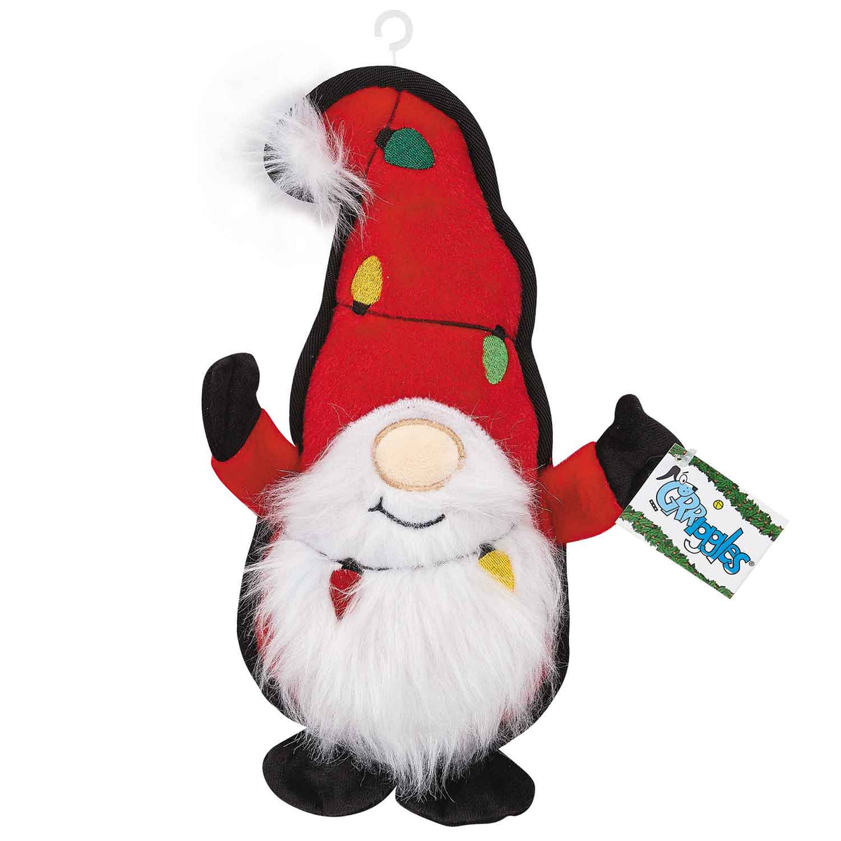Plush Santa gnome toy with red hat, white beard, and holiday lights.
