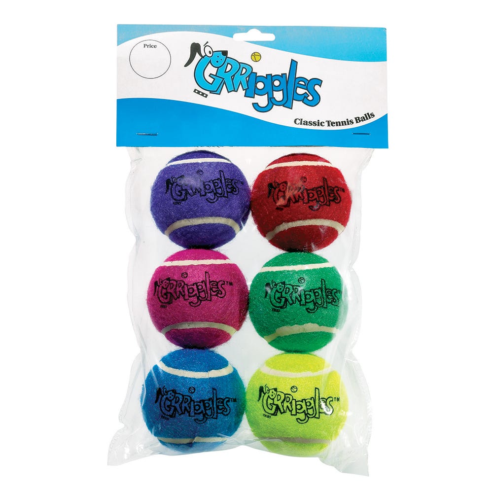 Six Grriggles classic tennis balls in purple, red, pink, green, blue, and yellow.