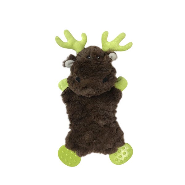 Brown plush moose toy with green antlers, paws, and feet.