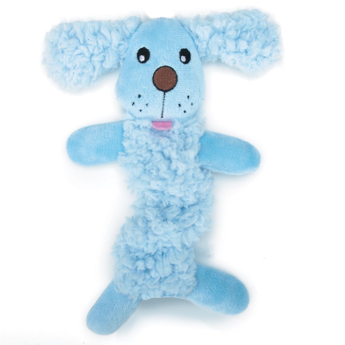 Blue plush dog toy with curly fur body and floppy ears.