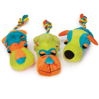 Three plush dog toys with rope tails in assorted bright colors: orange, green, and blue.
