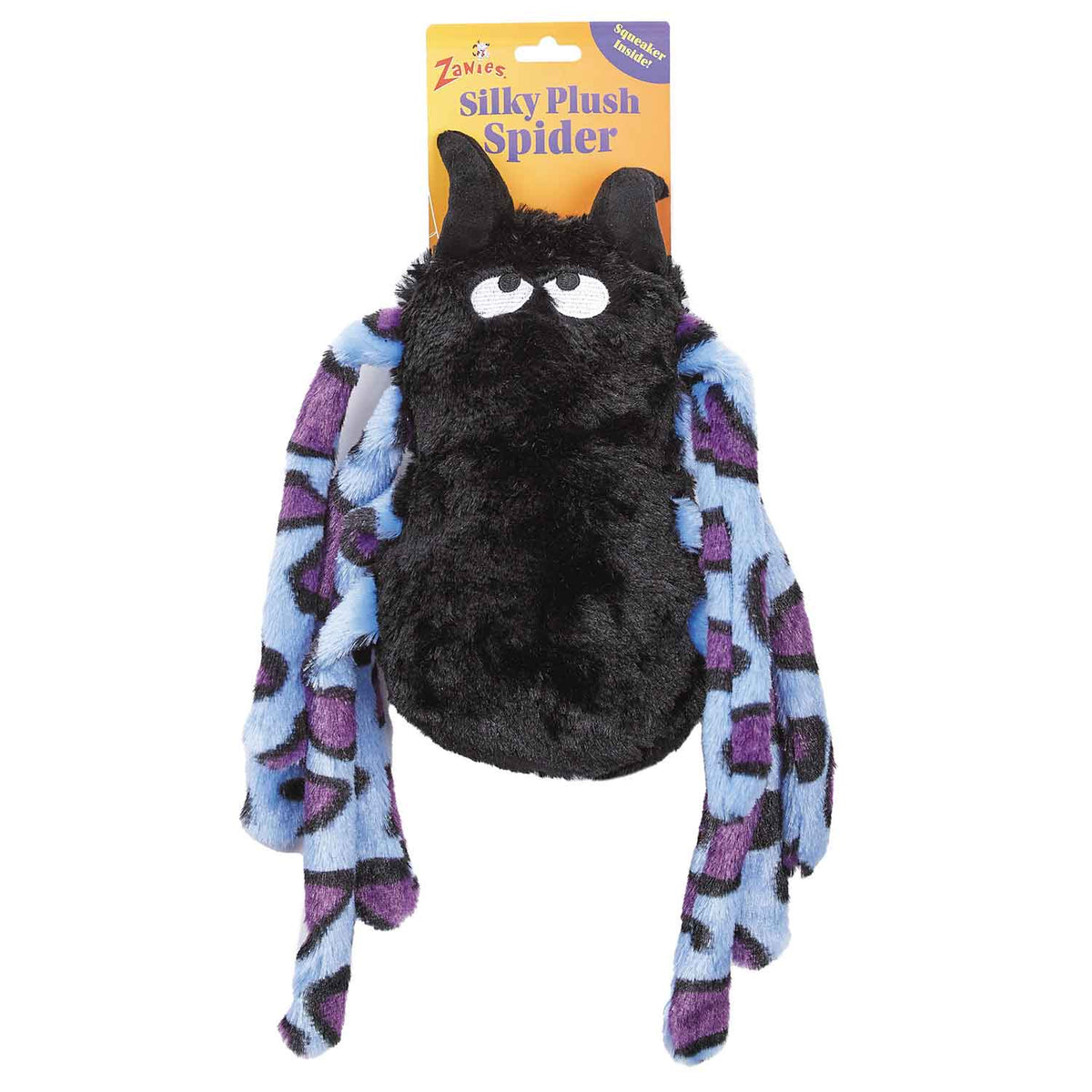 Black plush spider toy with blue and purple patterned legs, on a yellow card that says "Zanies Silky Plush Spider".