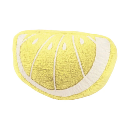 Plush lemon slice cat toy filled with catnip and poly filling.