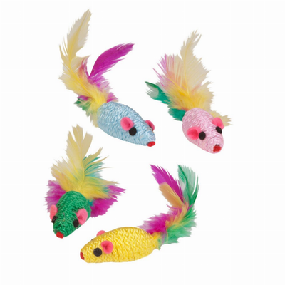 KB Mouse Rattlers Cat Toys with Feathers - 4 Pack by Pet Edge