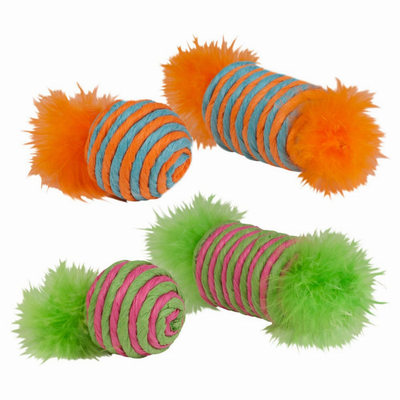 Pet Edge KB Raffia Spool and Ball Cat Toys with Feathers - 2 Pack