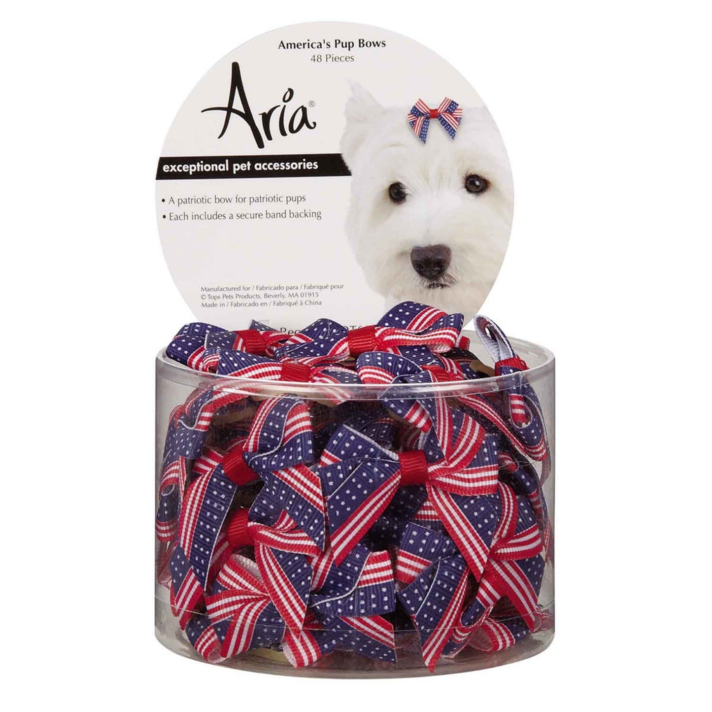 Aria America's Pup Bows – Patriotic Flag Pattern Polyester Bows, 48-Pack