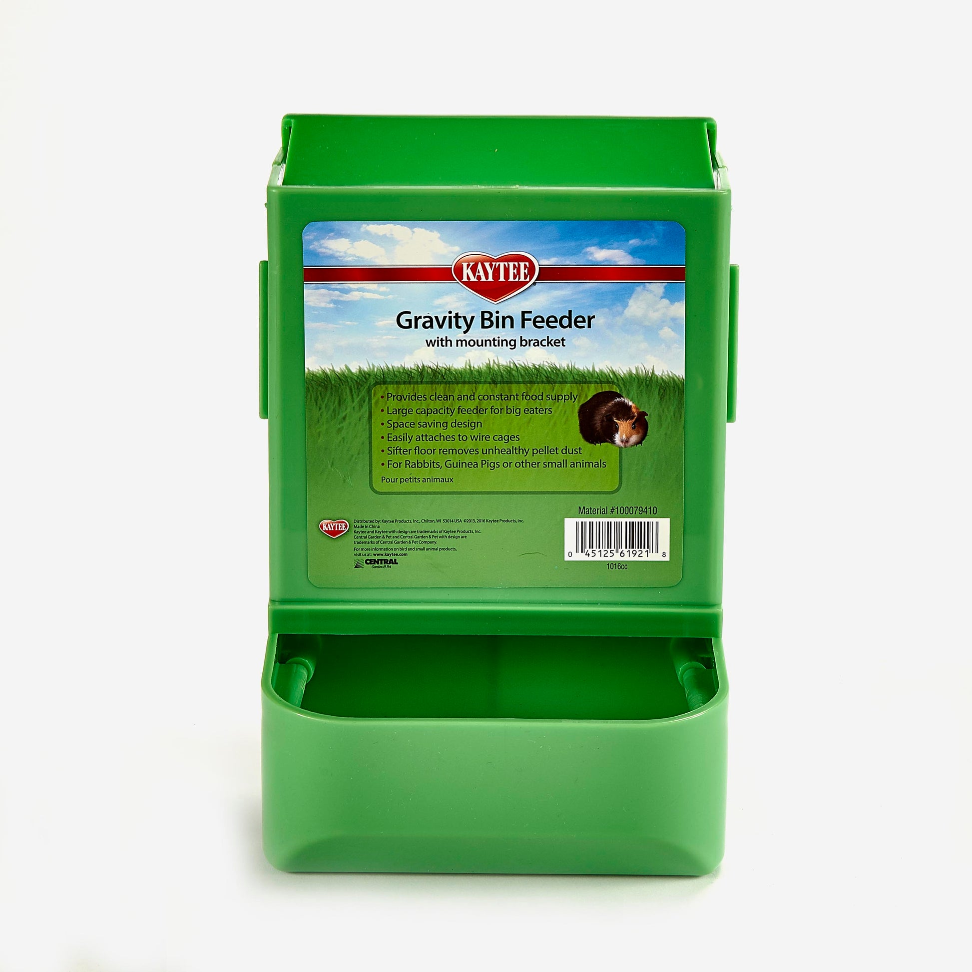 Green Kaytee gravity bin feeder on a white background