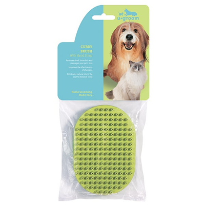 u-Groom Rubber Curry Brush – Oval Dog Grooming Tool with Handstrap