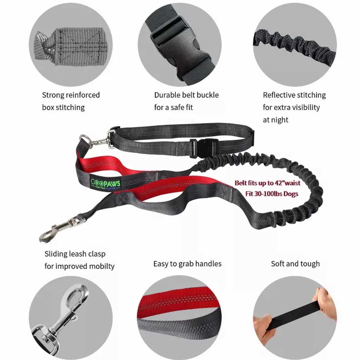 JESPET Hands Free Dog Leash – Reflective Bungee Leash for Running, Red