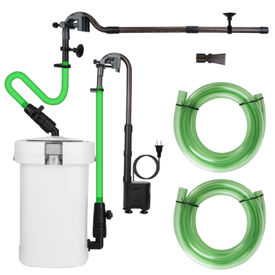 3-stage external canister filter for aquarium with hoses, spray bar, and pump.
