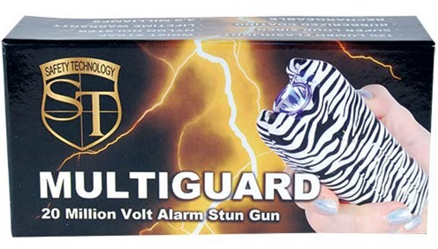 80 Million Volt Multiguard Stun Gun Alarm & Flashlight w/ Built In Charger Zebra, Zebra