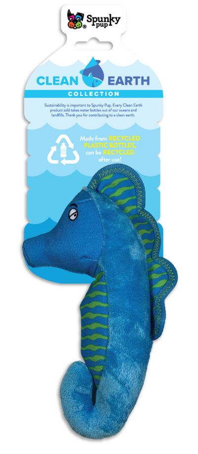 Spunky Pup Clean Earth Seahorse Dog Toy – Recycled Plush Squeaker, Small
