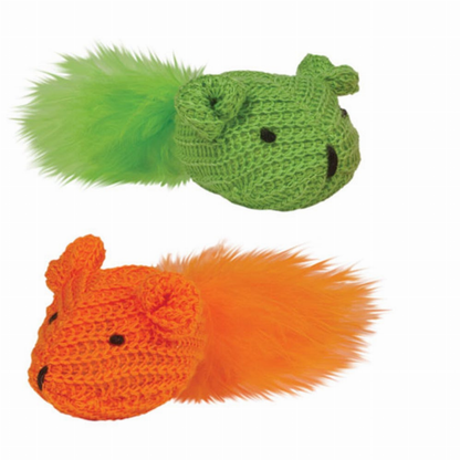 Pet Edge KB Knit Mouse Cat Toys with Feathers - 2 Pack Mouse Toy
