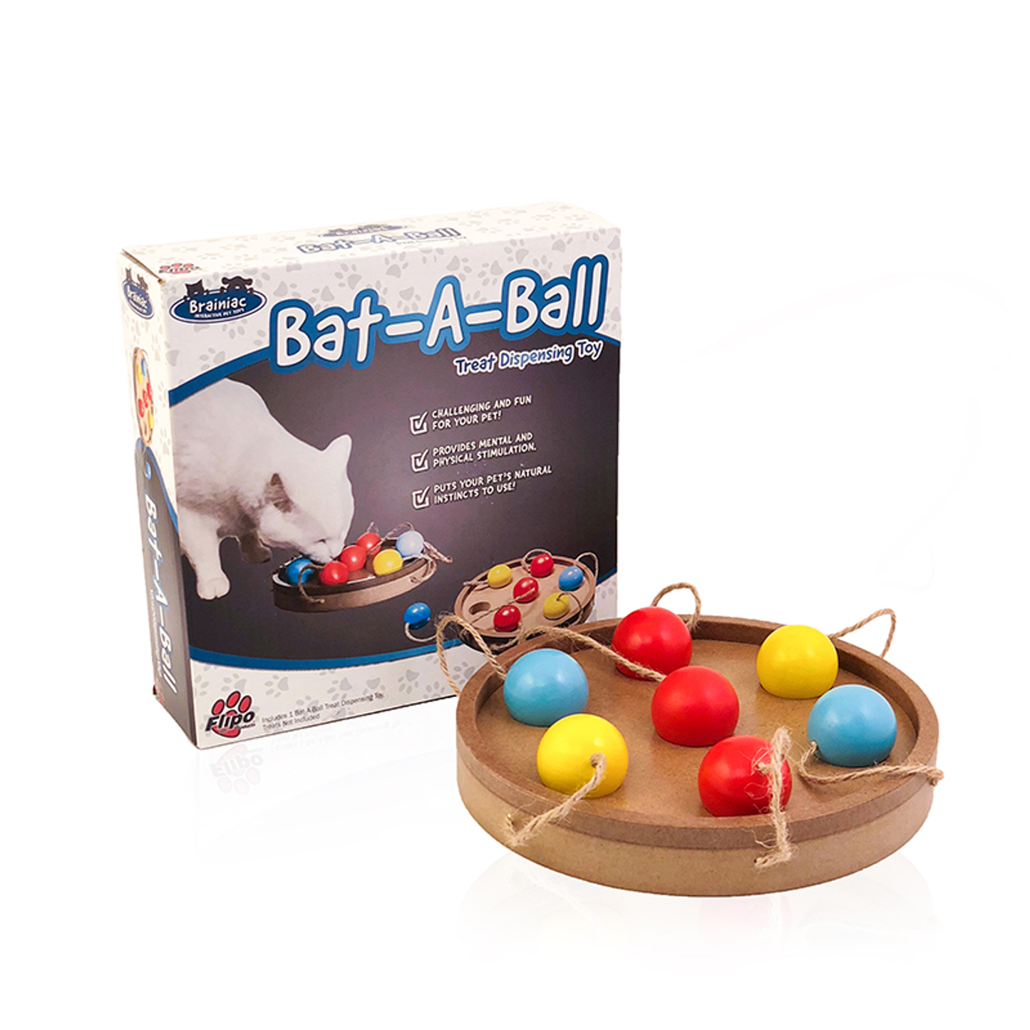 Flipo Brainiac Bat-a-Ball Interactive Pet Toy – Wooden Treat Dispenser